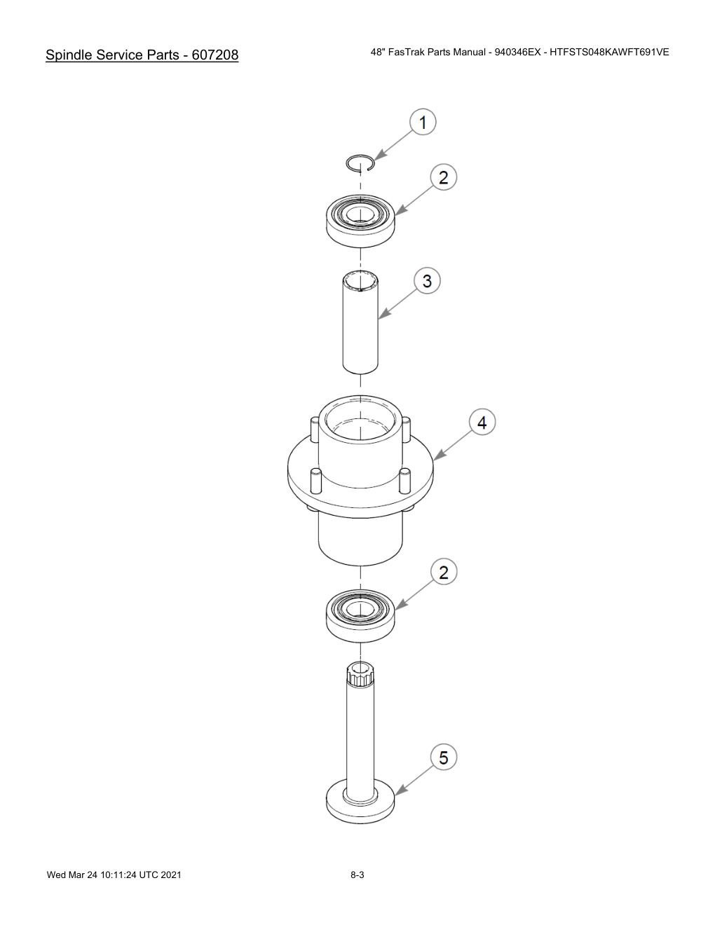 48" FasTrak Parts Manual - 940346EX - HTFSTS048KAWFT691VE - 607667 - Spindle Service Parts - 607208 diagram