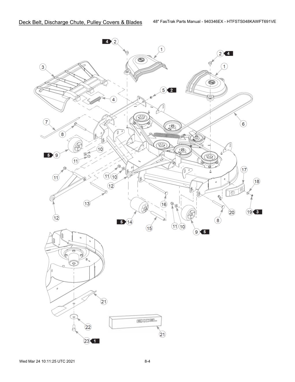 48" FasTrak Parts Manual - 940346EX - HTFSTS048KAWFT691VE - 607667 - Deck Belt, Discharge Chute, Pulley Covers & Blades diagram