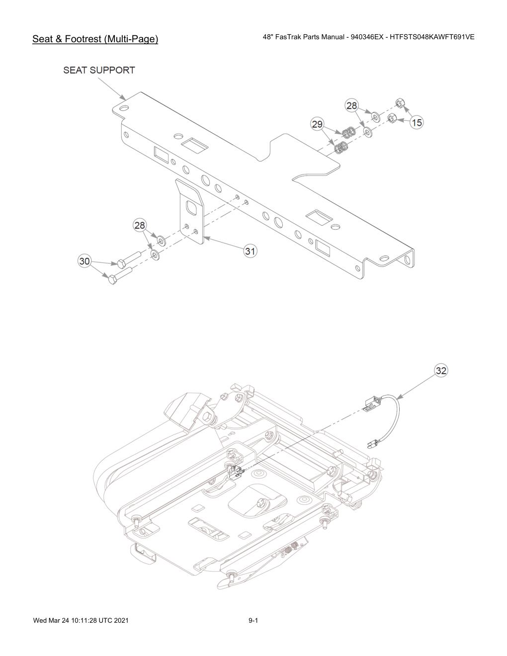 48" FasTrak Parts Manual - 940346EX - HTFSTS048KAWFT691VE - 607667 - Seat & Footrest (Multi-Page) diagram