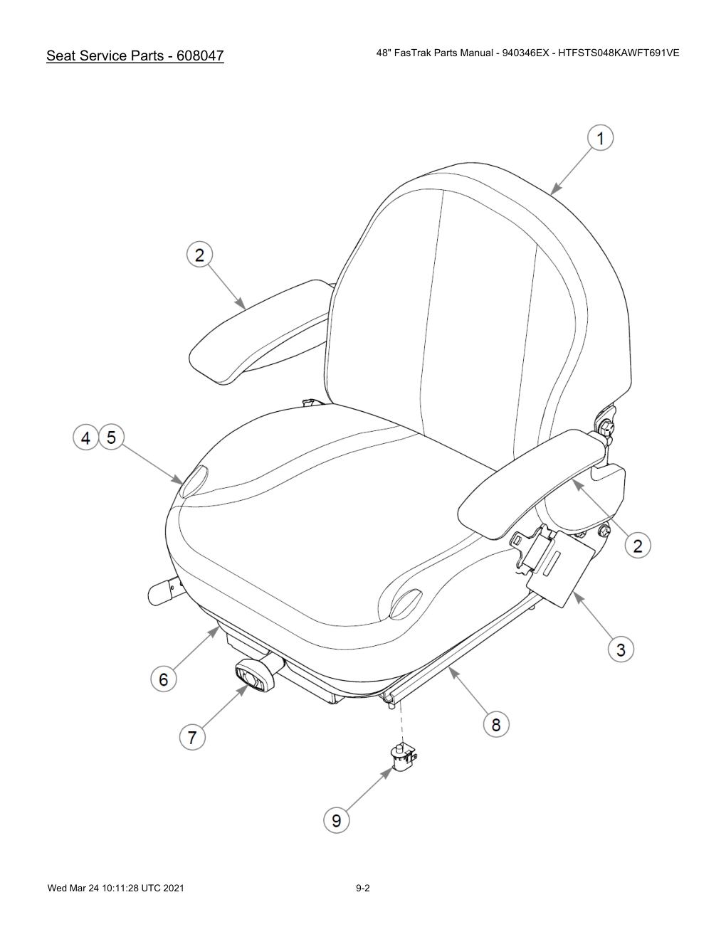 48" FasTrak Parts Manual - 940346EX - HTFSTS048KAWFT691VE - 607667 - Seat Service Parts - 608047 diagram