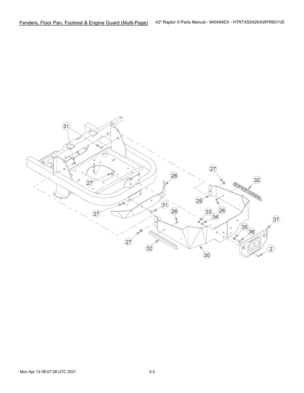 42" Raptor X Parts Manual - 940494EX - HTRTXS042KAWFR651VE - 607745 - Fenders, Floor Pan, Footrest & Engine Guard (Multi-Page) diagram