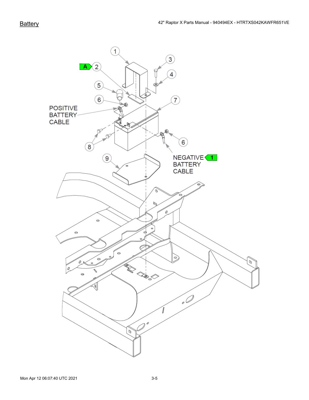 42" Raptor X Parts Manual - 940494EX - HTRTXS042KAWFR651VE - 607745 - Battery diagram