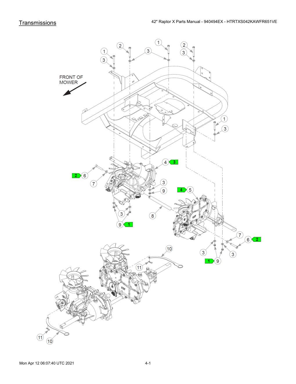 42" Raptor X Parts Manual - 940494EX - HTRTXS042KAWFR651VE - 607745 - Transmissions diagram