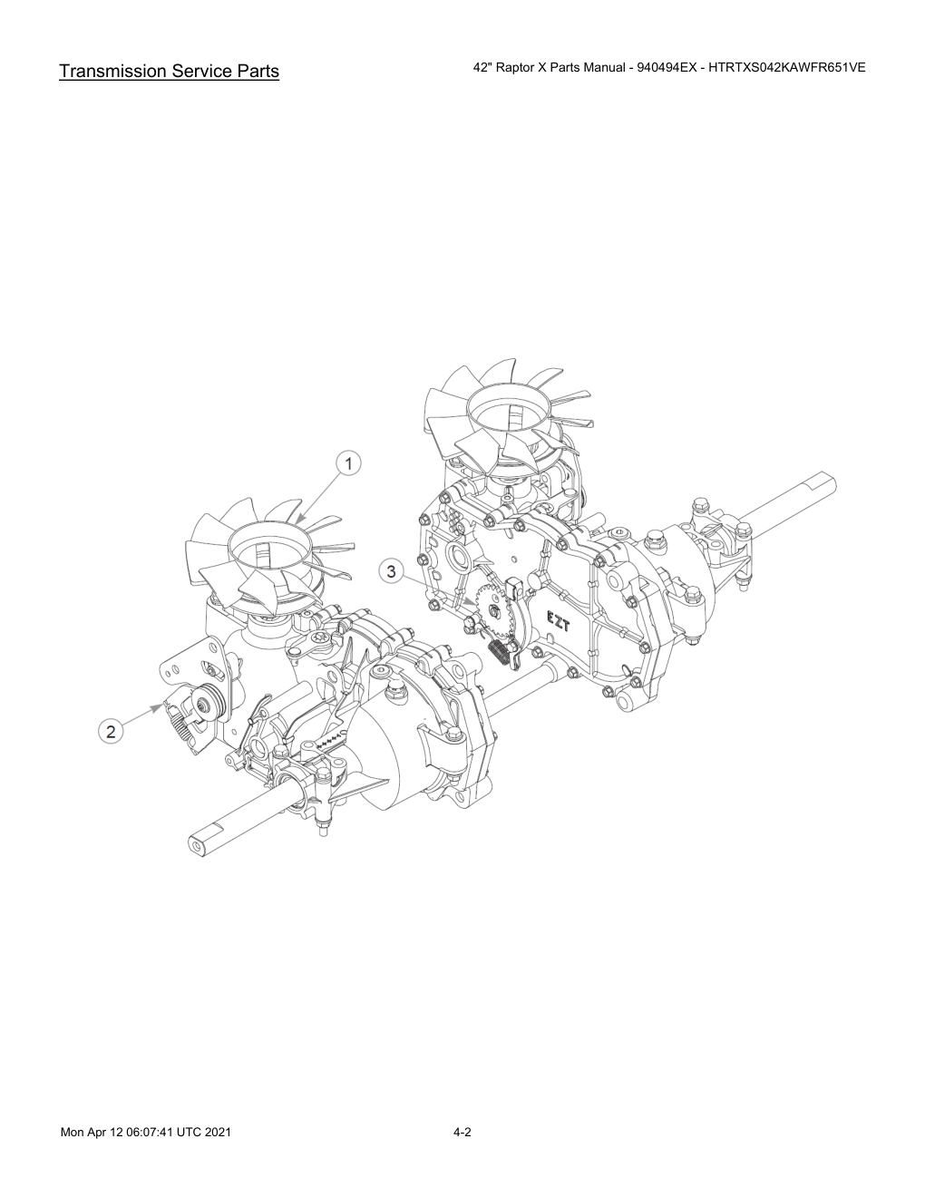 42" Raptor X Parts Manual - 940494EX - HTRTXS042KAWFR651VE - 607745 - Transmission Service Parts diagram