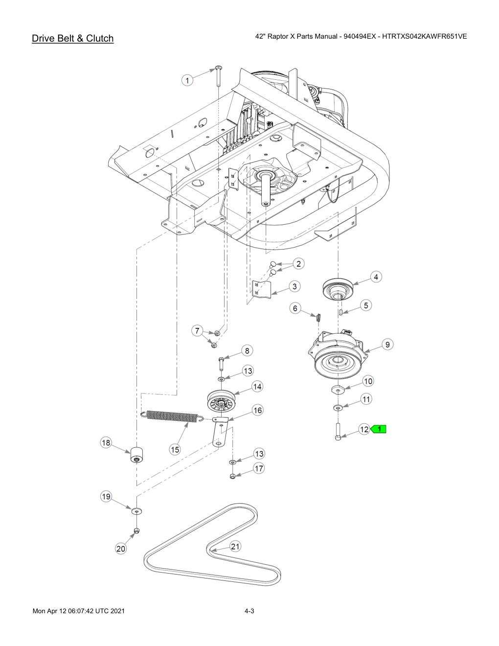 42" Raptor X Parts Manual - 940494EX - HTRTXS042KAWFR651VE - 607745 - Drive Belt & Clutch diagram