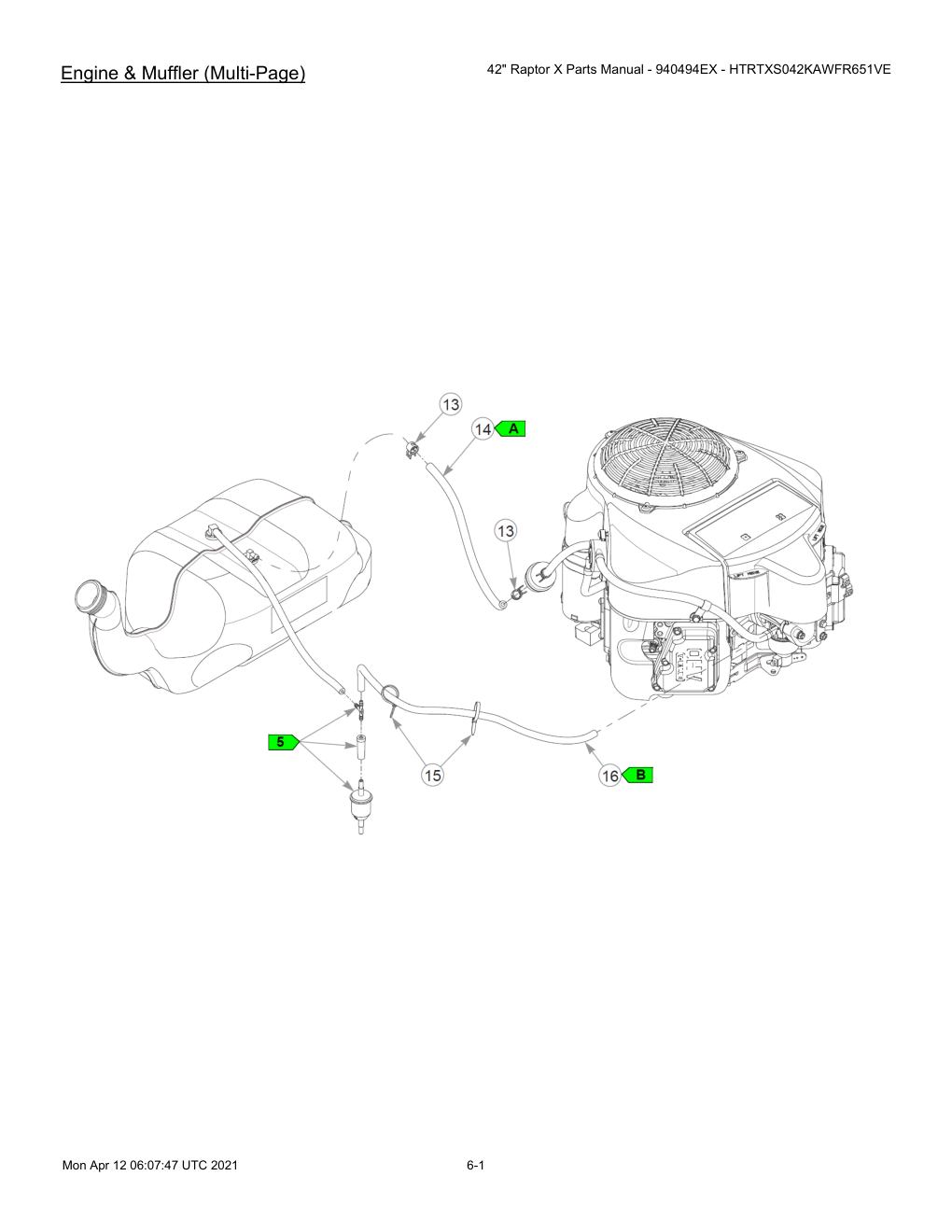 42" Raptor X Parts Manual - 940494EX - HTRTXS042KAWFR651VE - 607745 - Engine & Muffler (Multi-Page) diagram