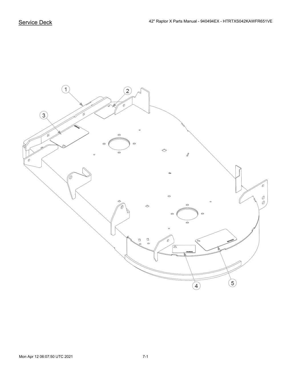 42" Raptor X Parts Manual - 940494EX - HTRTXS042KAWFR651VE - 607745 - Service Deck diagram