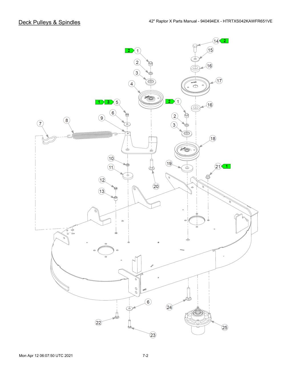 42" Raptor X Parts Manual - 940494EX - HTRTXS042KAWFR651VE - 607745 - Deck Pulleys & Spindles diagram