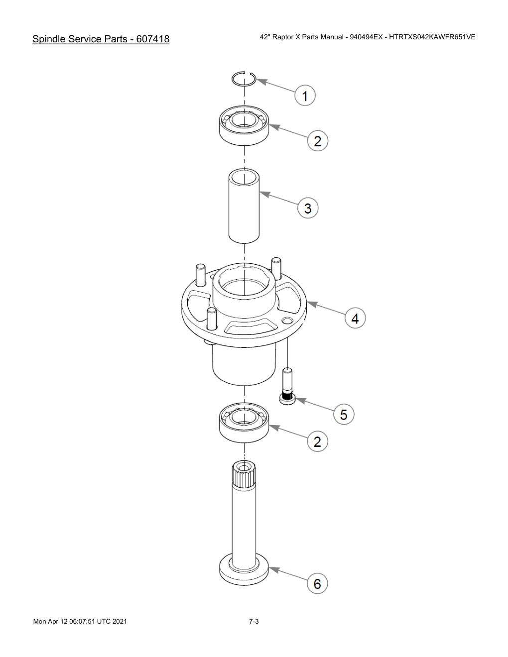 42" Raptor X Parts Manual - 940494EX - HTRTXS042KAWFR651VE - 607745 - Spindle Service Parts - 607418 diagram