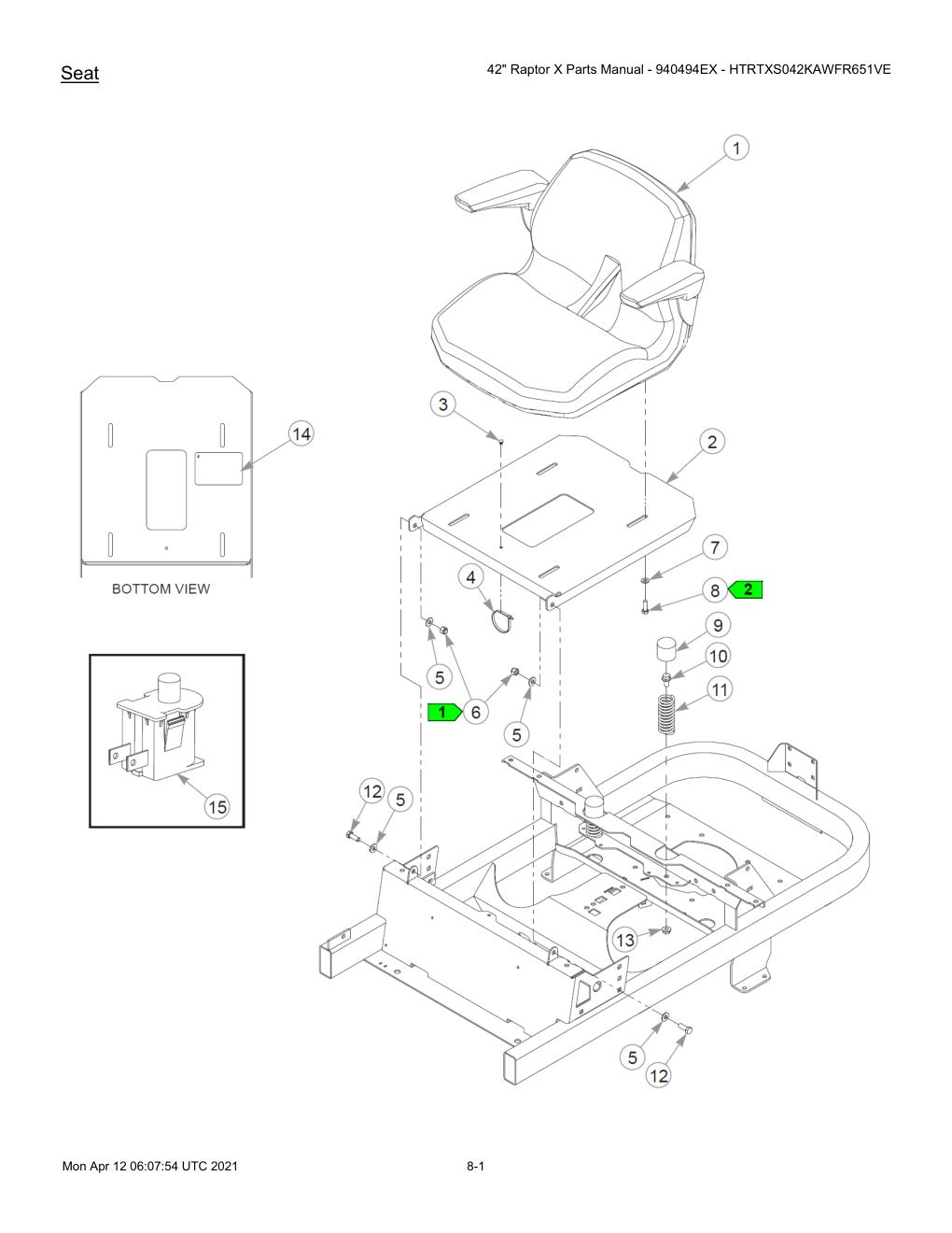 42" Raptor X Parts Manual - 940494EX - HTRTXS042KAWFR651VE - 607745 - Seat diagram