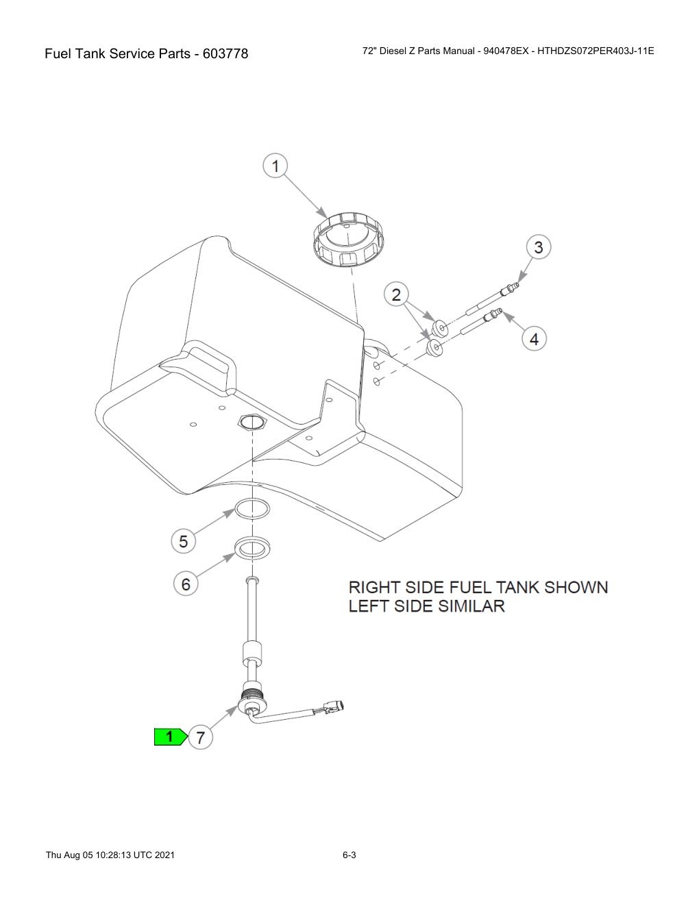 72" Diesel Z Parts Manual - 940478EX - HTHDZS072PER403J-11E - 603778 - Fuel Tank Service Parts - 603778 diagram