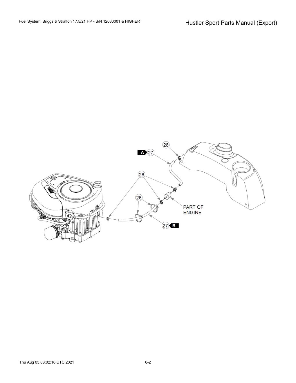 Hustler Sport Parts Manual (Export) - 604502 - Fuel System, Briggs & Stratton 17.5/21 HP - S/N 12030001 & HIGHER diagram