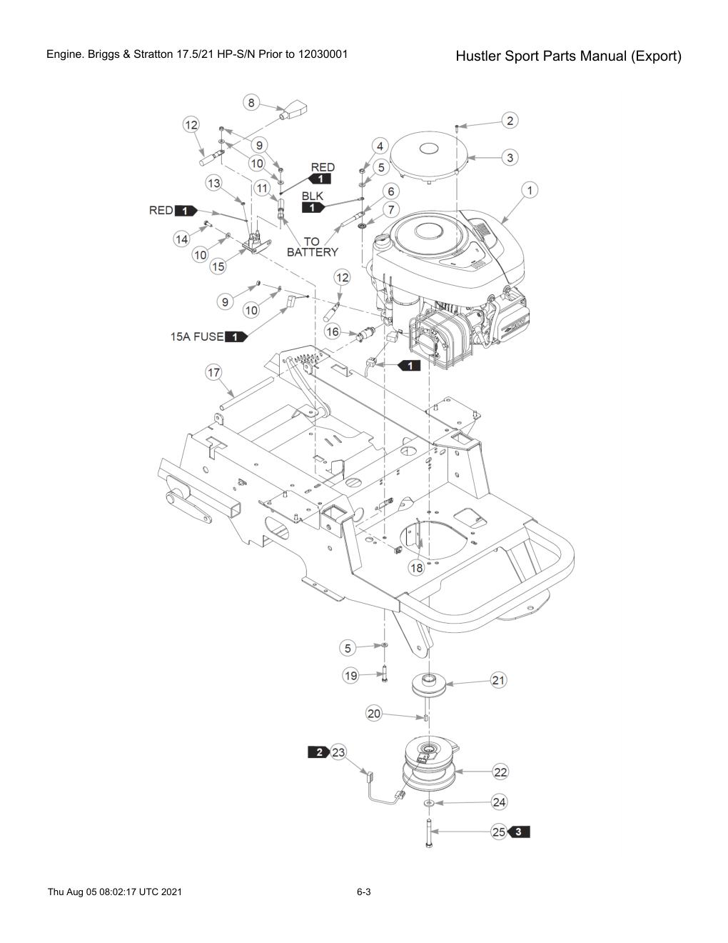 Hustler Sport Parts Manual (Export) - 604502 - Engine. Briggs & Stratton 17.5/21 HP-S/N Prior to 12030001 diagram