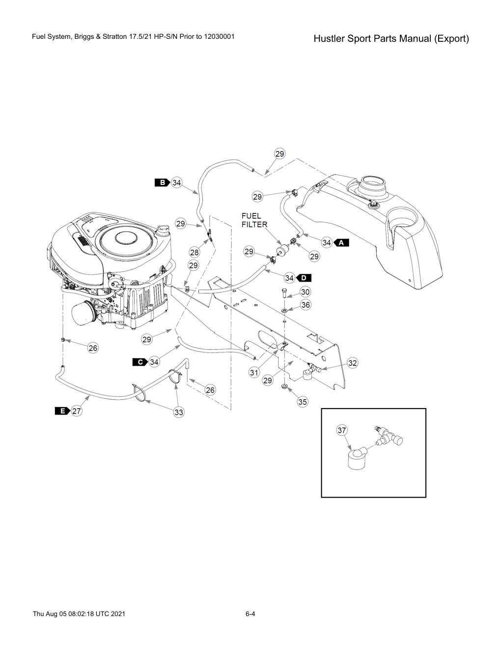 Hustler Sport Parts Manual (Export) - 604502 - Fuel System, Briggs & Stratton 17.5/21 HP-S/N Prior to 12030001 diagram