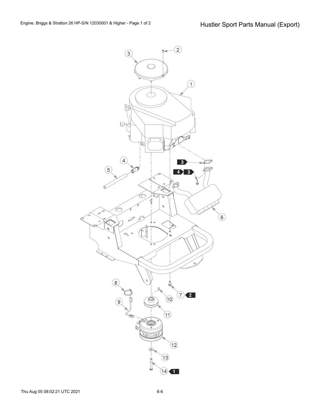 Hustler Sport Parts Manual (Export) - 604502 - Engine, Briggs & Stratton 26 HP-S/N 12030001 & Higher - Page 1 of 2 diagram