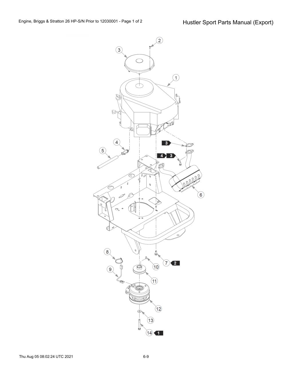 Hustler Sport Parts Manual (Export) - 604502 - Engine, Briggs & Stratton 26 HP-S/N Prior to 12030001 - Page 1 of 2 diagram