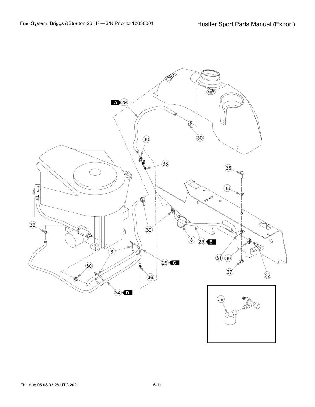 Hustler Sport Parts Manual (Export) - 604502 - Fuel System, Briggs &Stratton 26 HP-S/N Prior to 12030001 diagram