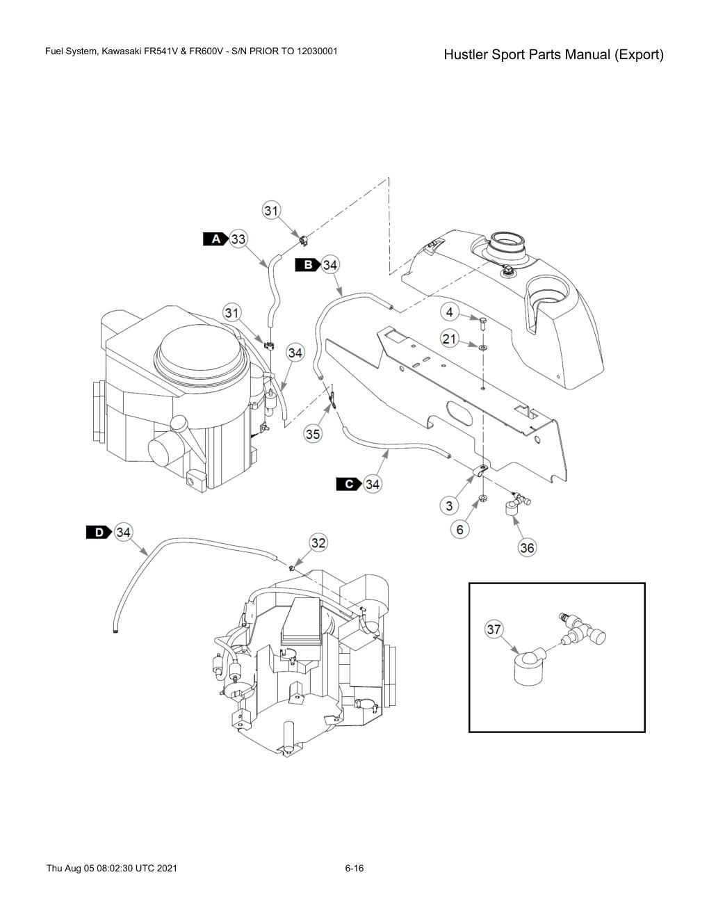 Hustler Sport Parts Manual (Export) - 604502 - Fuel System, Kawasaki FR541V & FR600V - S/N PRIOR TO 12030001 diagram