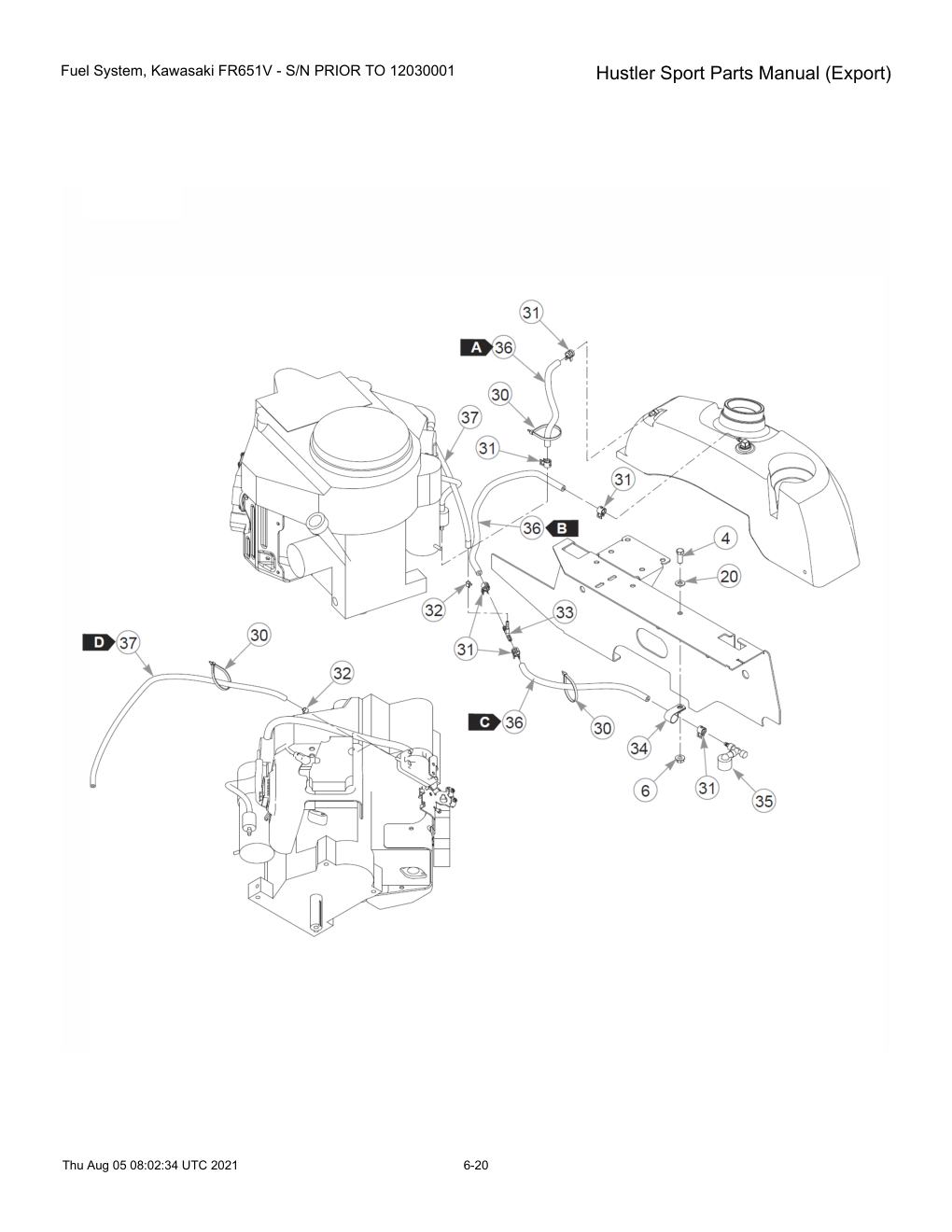 Hustler Sport Parts Manual (Export) - 604502 - Fuel System, Kawasaki FR651V - S/N PRIOR TO 12030001 diagram