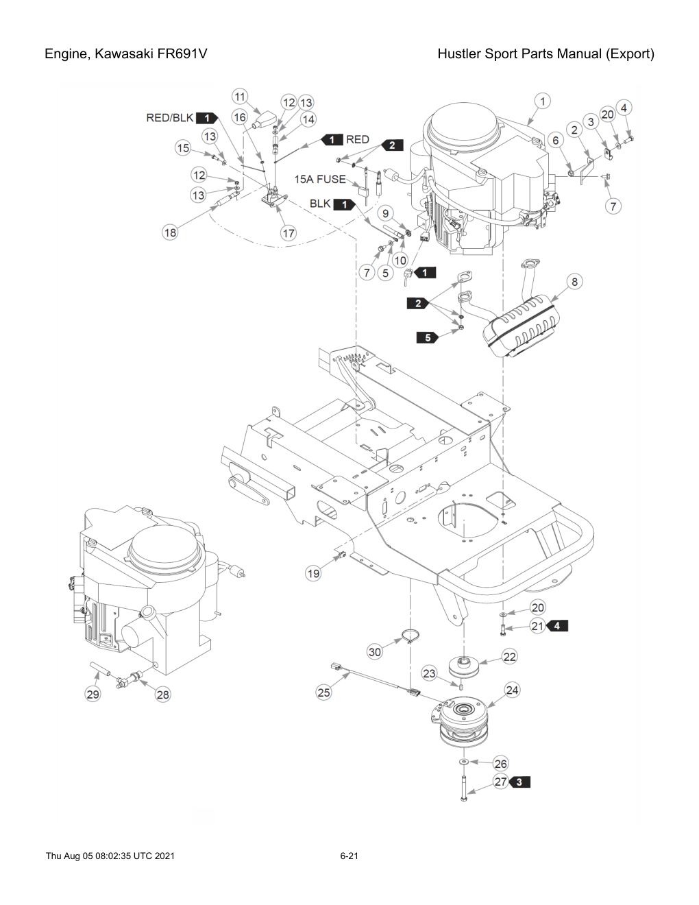 Hustler Sport Parts Manual (Export) - 604502 - Engine, Kawasaki FR691V diagram