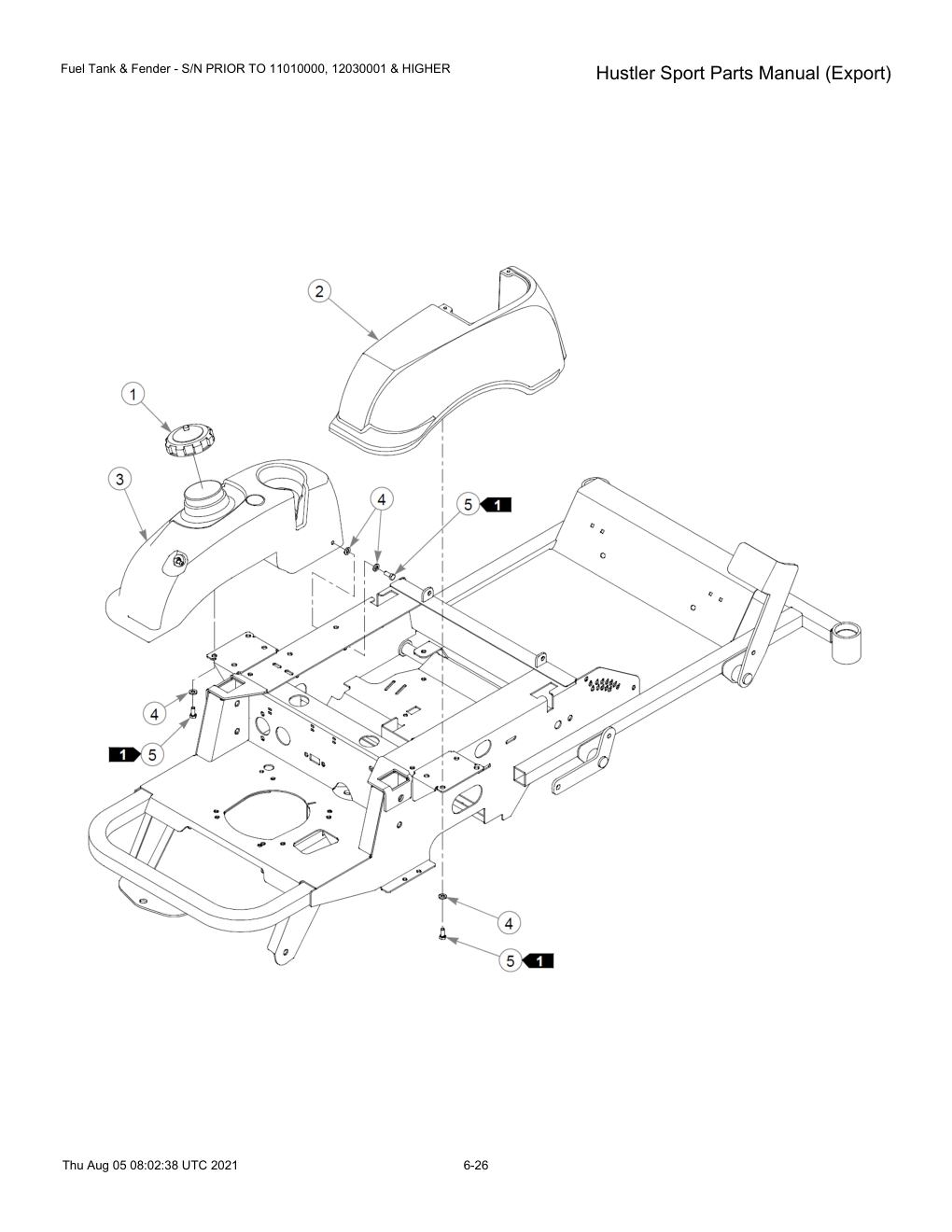 Hustler Sport Parts Manual (Export) - 604502 - Fuel Tank & Fender - S/N PRIOR TO 11010000, 12030001 & HIGHER diagram
