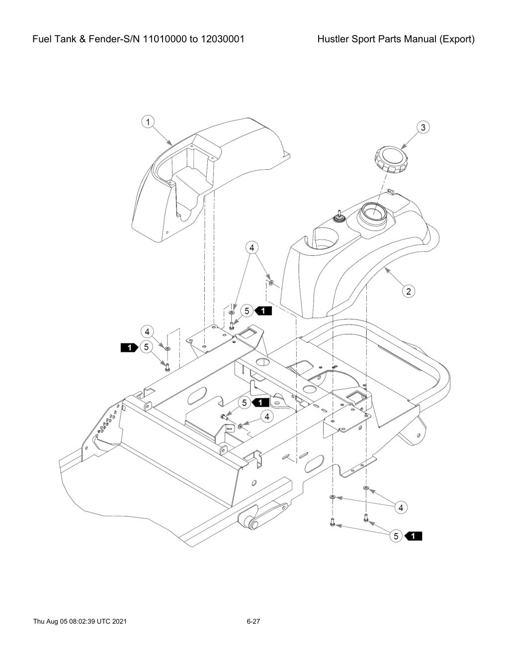 Hustler Sport Parts Manual (Export) - 604502 - Fuel Tank & Fender-S/N 11010000 to 12030001 diagram