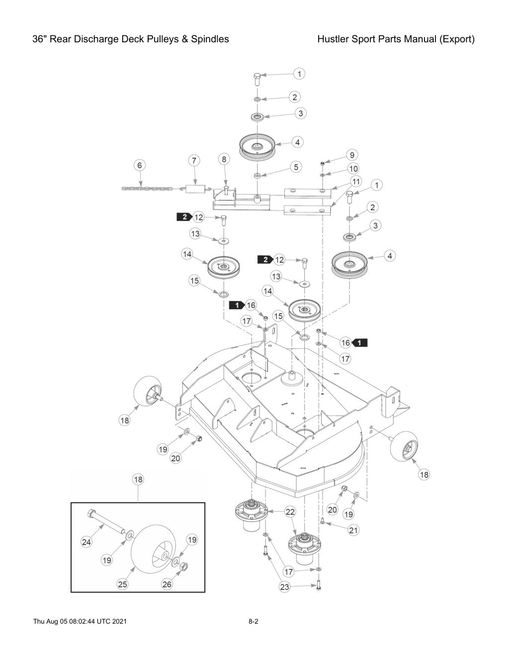Hustler Sport Parts Manual (Export) - 604502 - 36" Rear Discharge Deck Pulleys & Spindles diagram