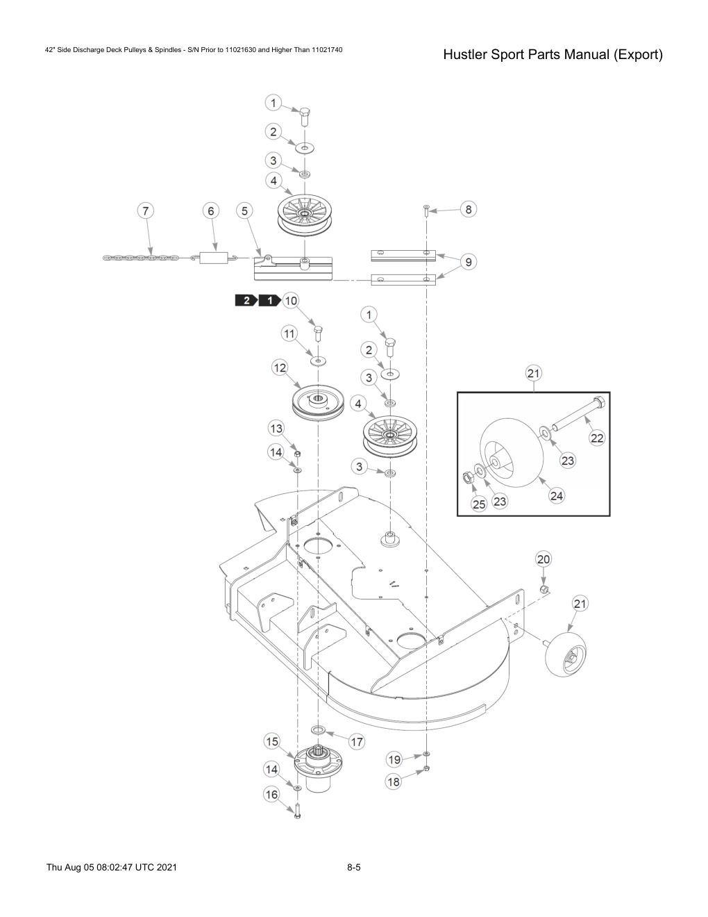 Hustler Sport Parts Manual (Export) - 604502 - 42" Side Discharge Deck Pulleys & Spindles - S/N Prior to 11021630 and Higher Than 11021740 diagram