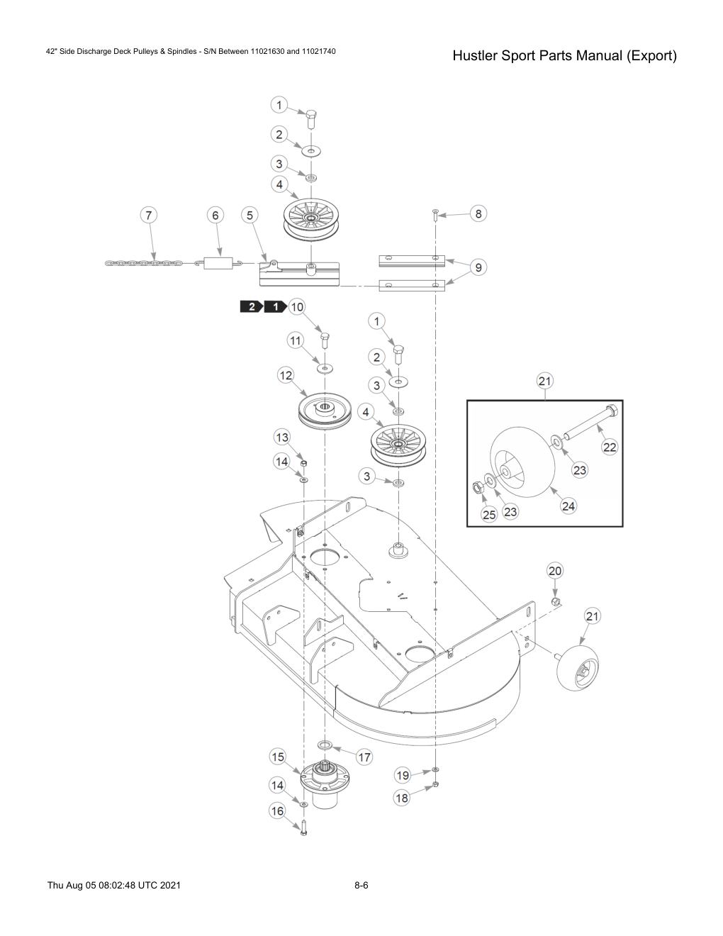 Hustler Sport Parts Manual (Export) - 604502 - 42" Side Discharge Deck Pulleys & Spindles - S/N Between 11021630 and 11021740 diagram