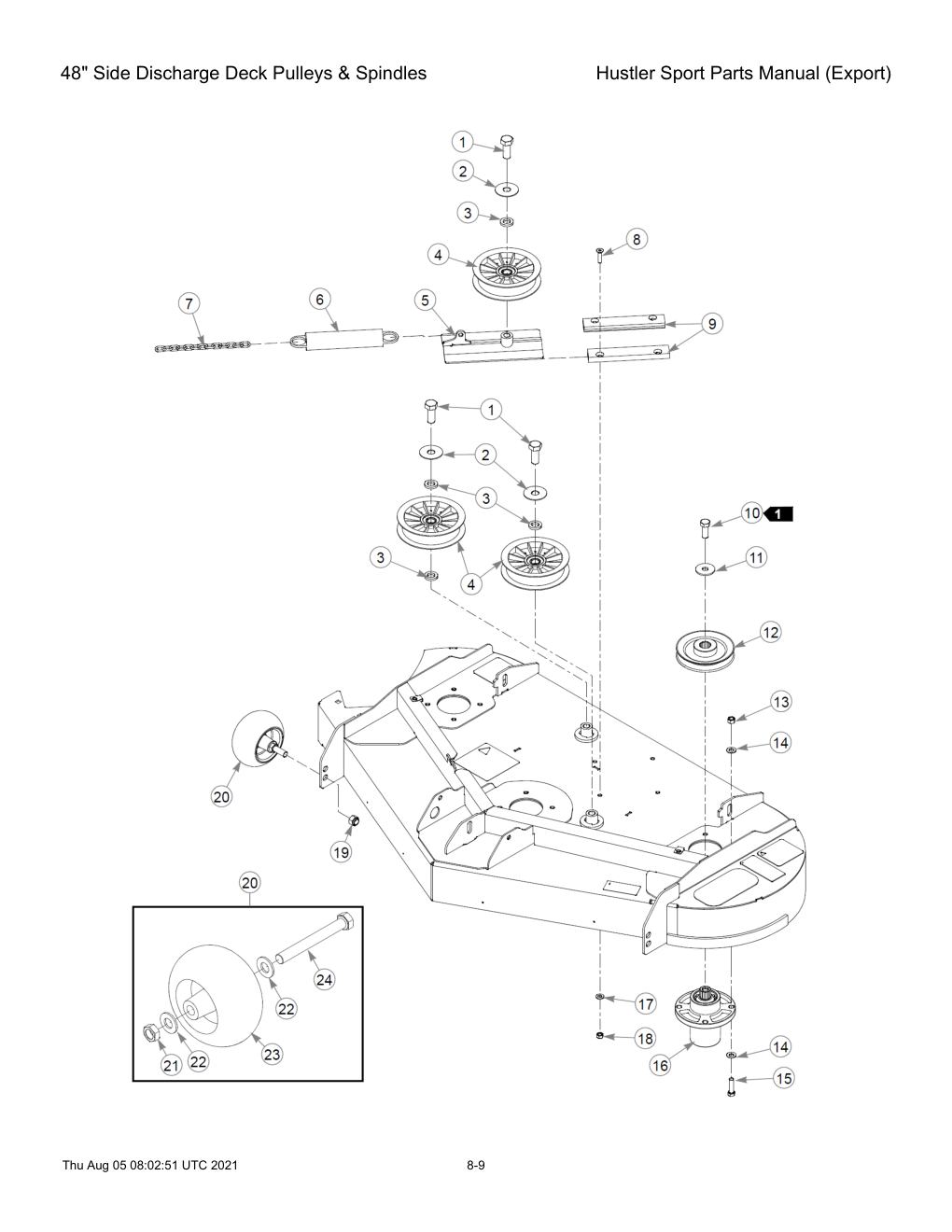 Hustler Sport Parts Manual (Export) - 604502 - 48" Side Discharge Deck Pulleys & Spindles diagram