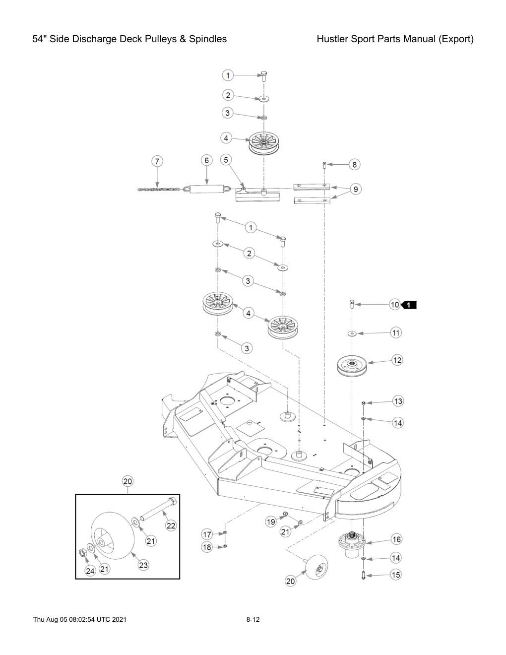 Hustler Sport Parts Manual (Export) - 604502 - 54" Side Discharge Deck Pulleys & Spindles diagram