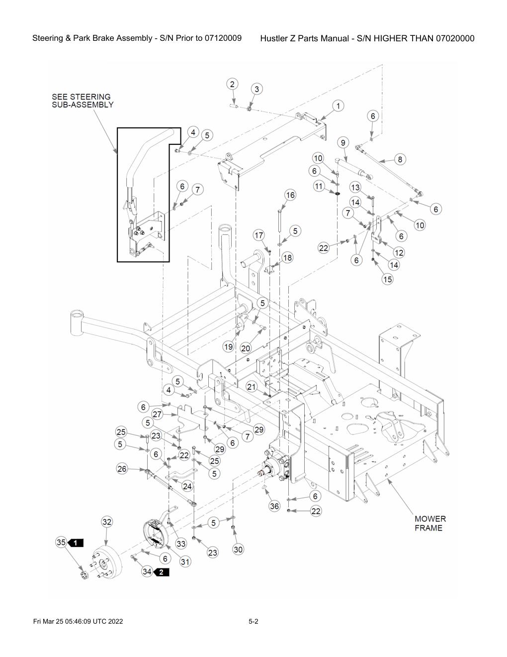 Hustler Z Parts Manual - S/N HIGHER THAN 07020000 - 747782 - Steering & Park Brake Assembly - S/N Prior to 07120009 diagram