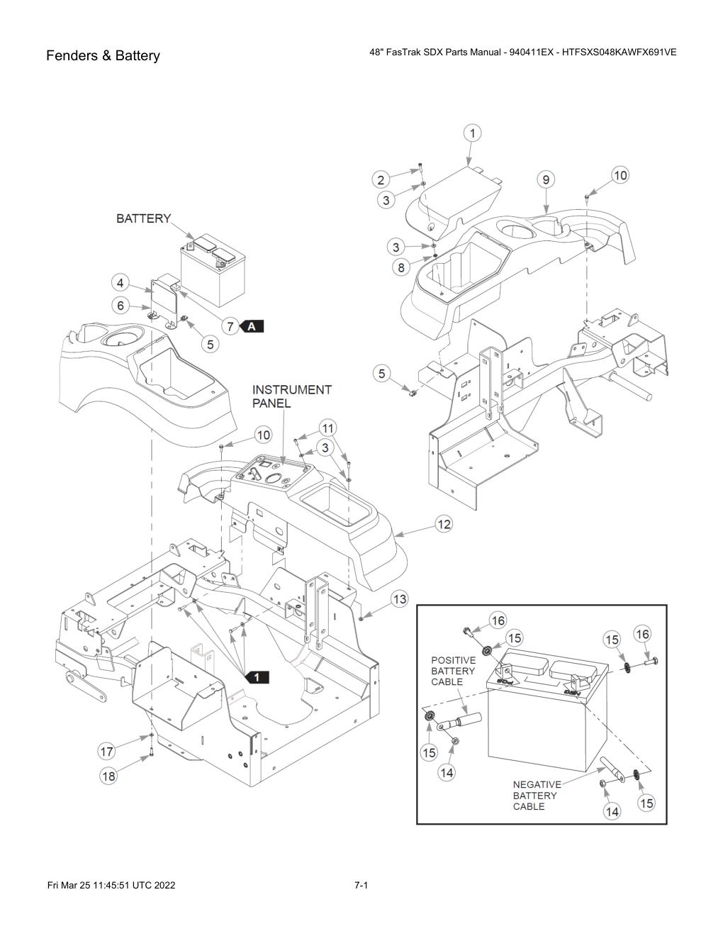 48" FasTrak SDX Parts Manual - 940411EX - HTFSXS048KAWFX691VE - Fenders & Battery diagram
