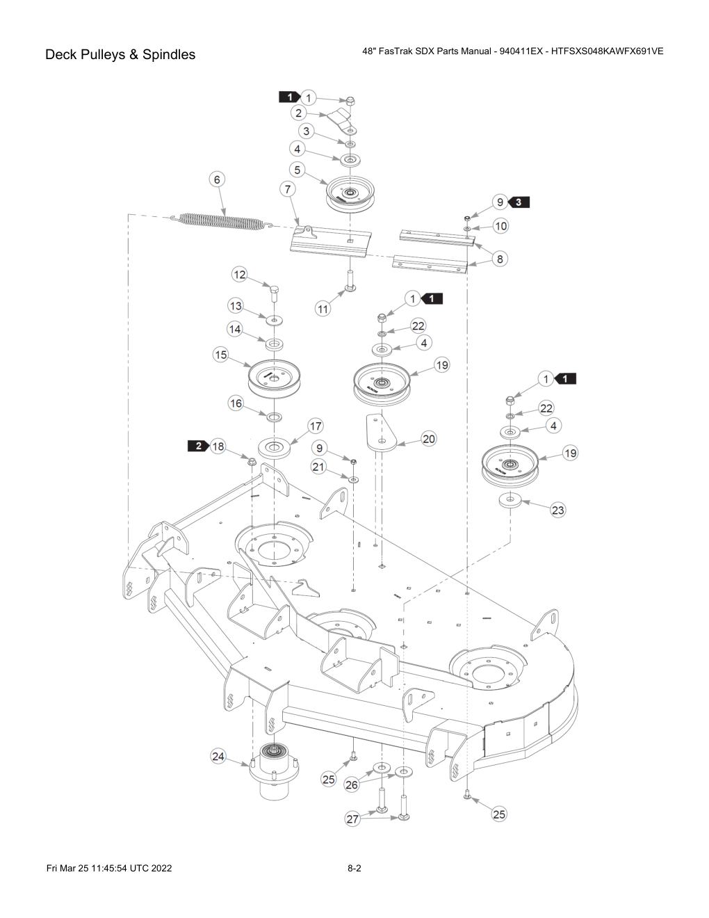 48" FasTrak SDX Parts Manual - 940411EX - HTFSXS048KAWFX691VE - Deck Pulleys & Spindles diagram