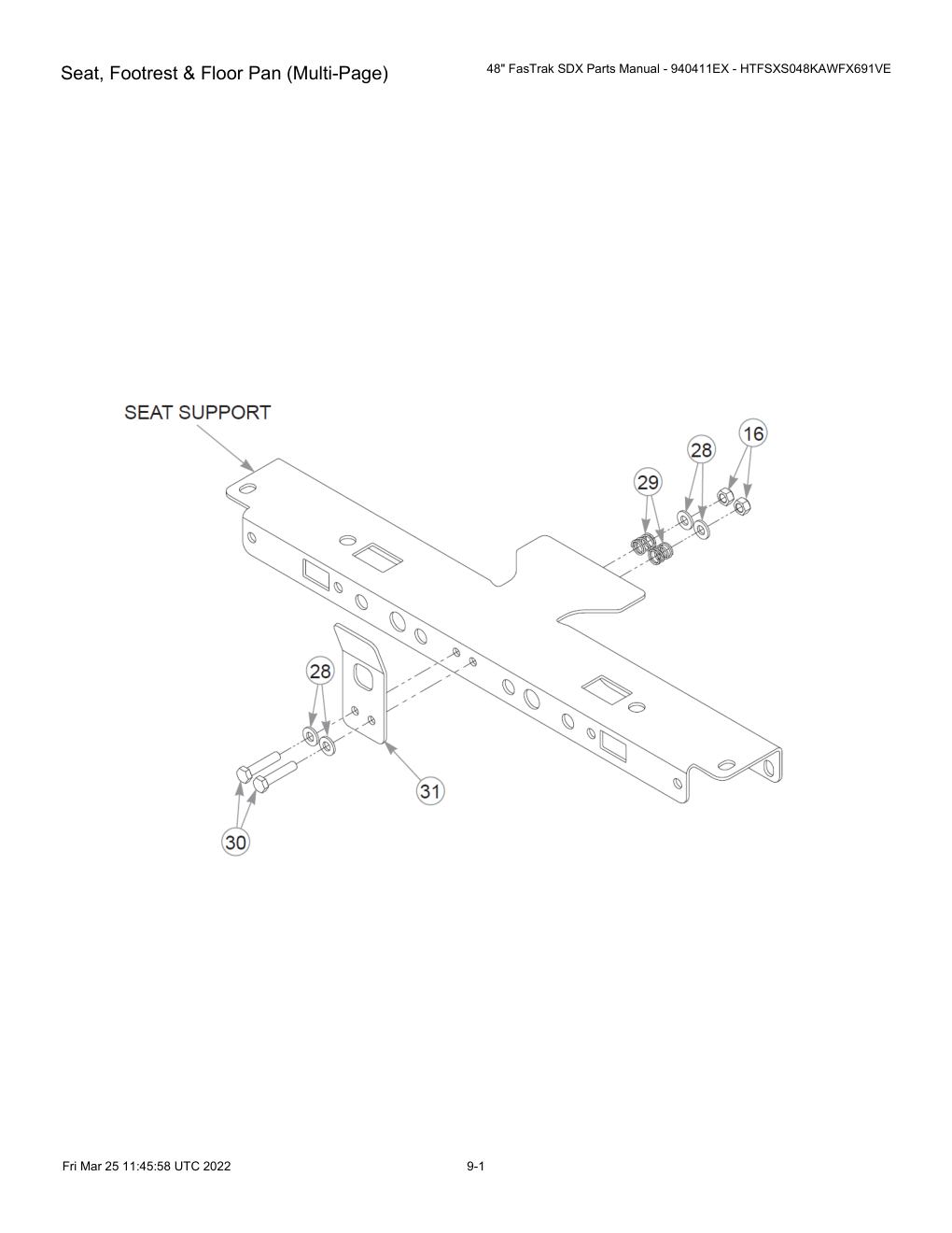 48" FasTrak SDX Parts Manual - 940411EX - HTFSXS048KAWFX691VE - Seat, Footrest & Floor Pan (Multi-Page) diagram
