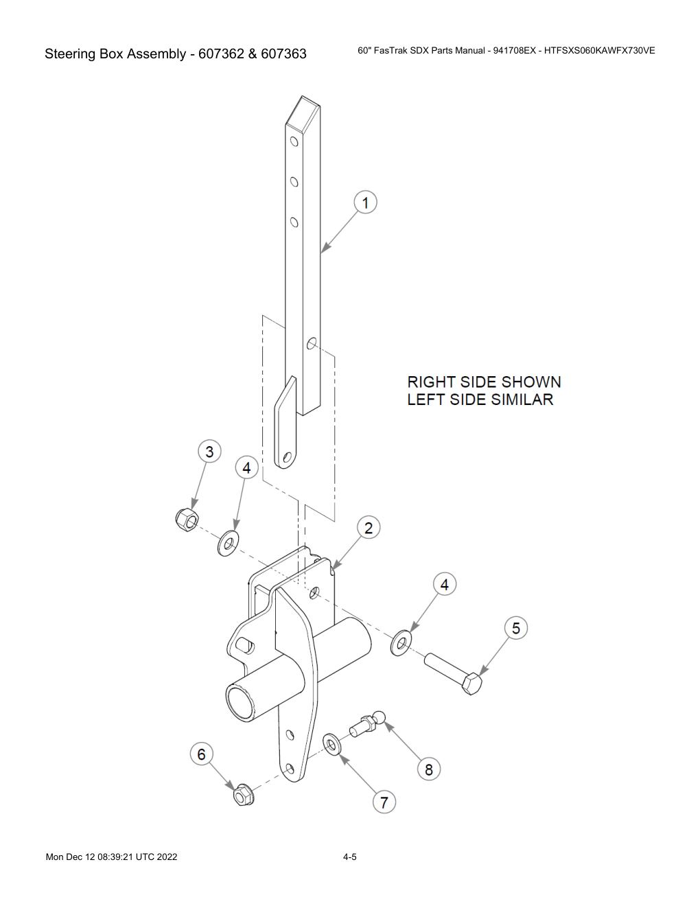 60" FasTrak SDX Parts Manual - 941708EX - HTFSXS060KAWFX730VE - Steering Box Assembly - 607362 & 607363 diagram