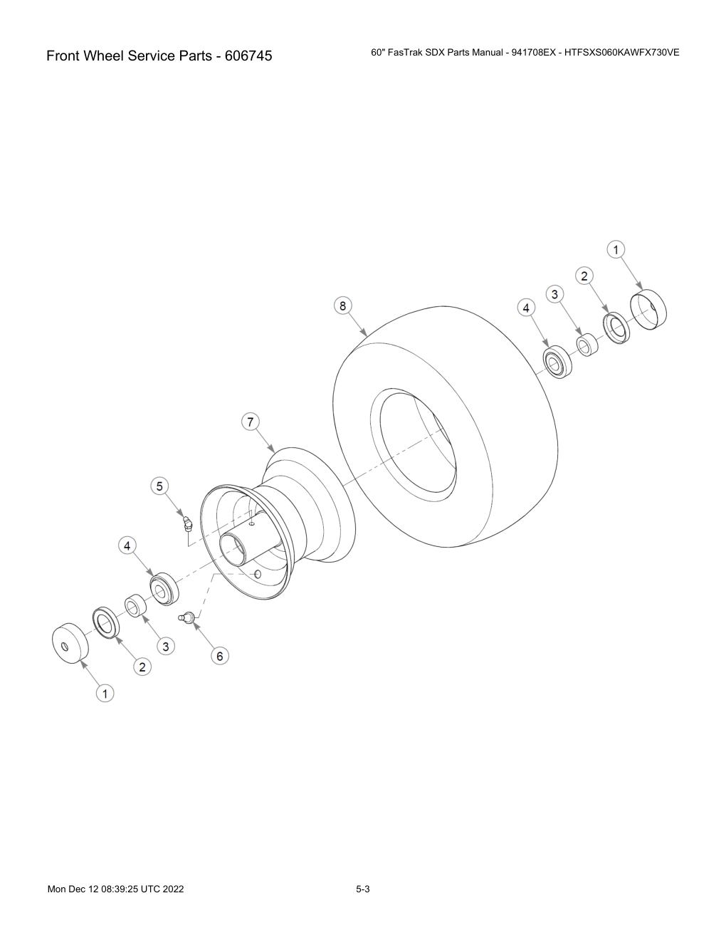 60" FasTrak SDX Parts Manual - 941708EX - HTFSXS060KAWFX730VE - Front Wheel Service Parts - 606745 diagram