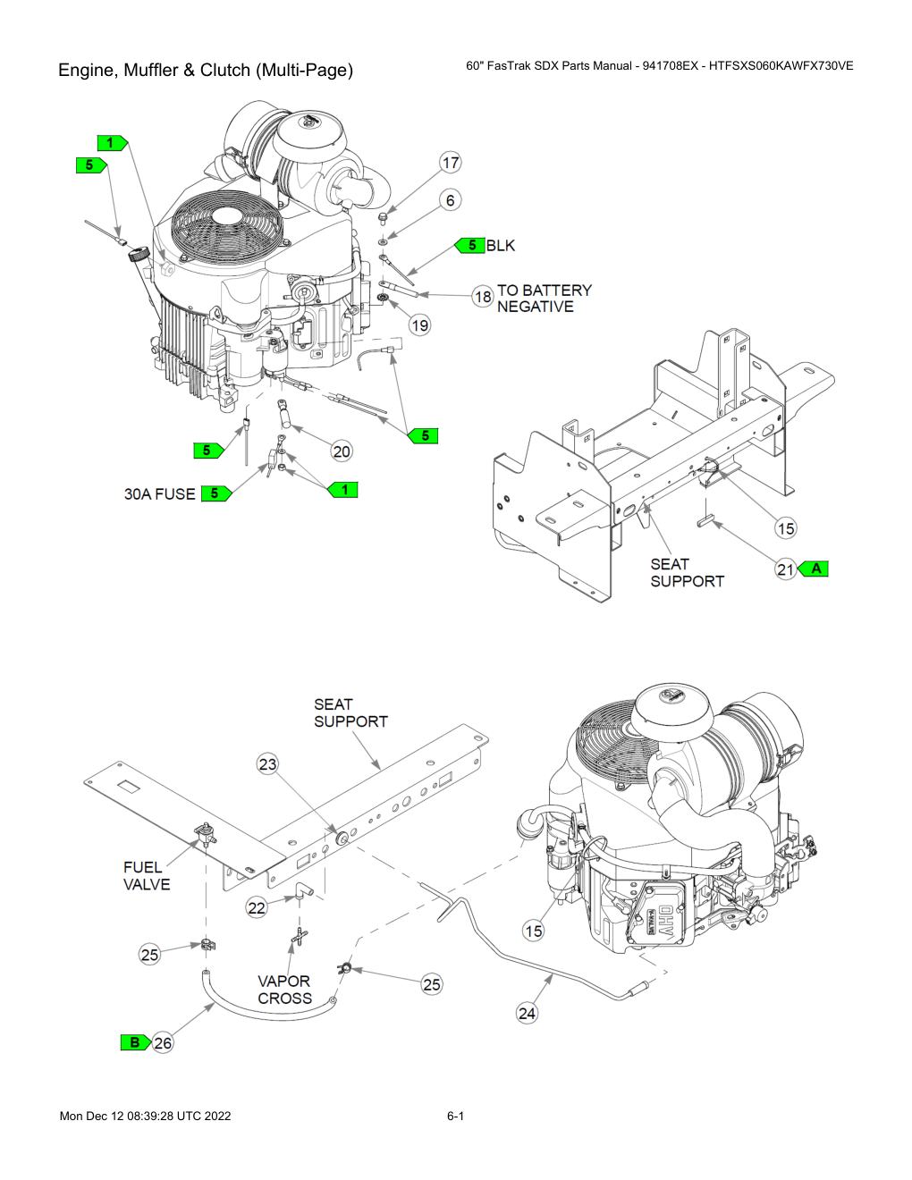 60" FasTrak SDX Parts Manual - 941708EX - HTFSXS060KAWFX730VE - Engine, Muffler & Clutch (Multi-Page) diagram