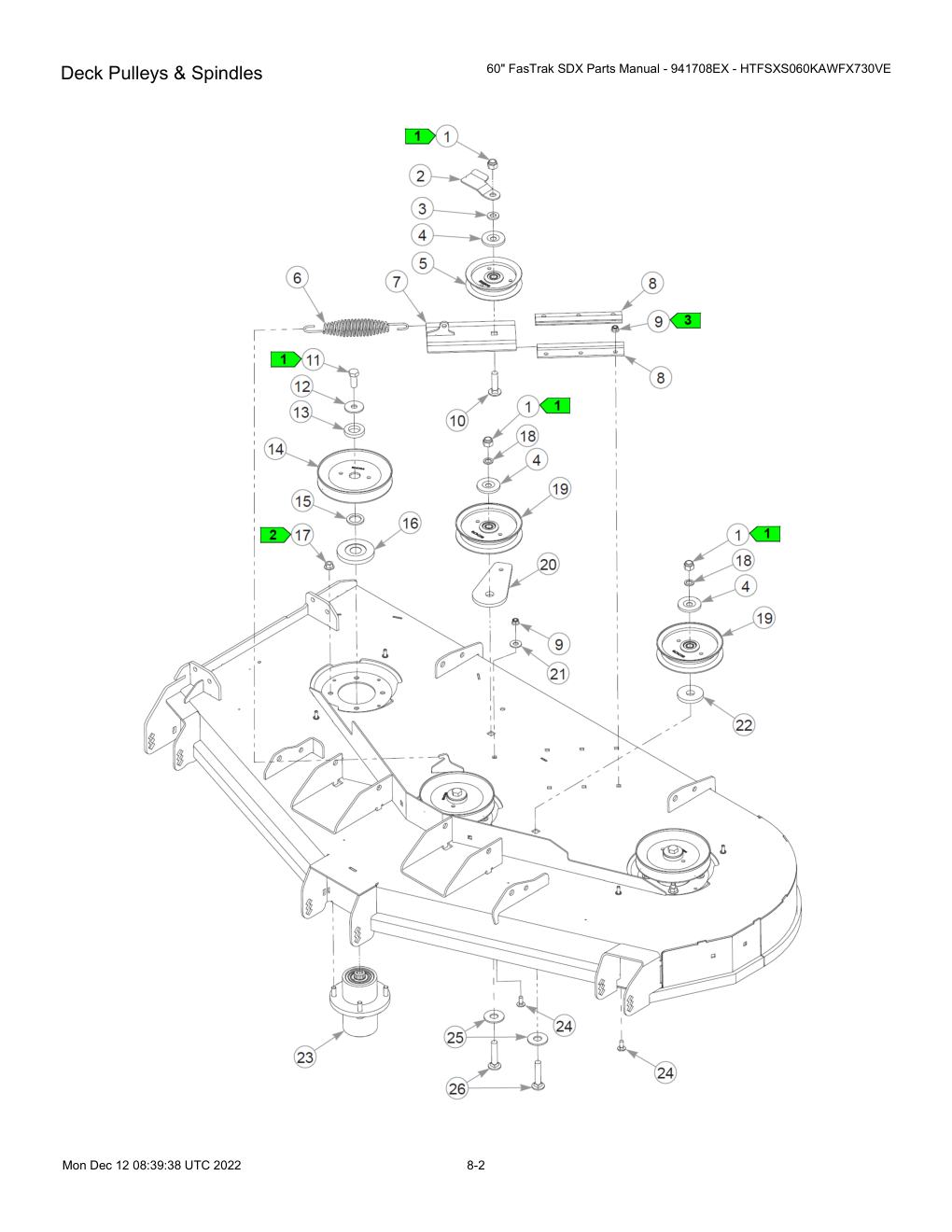 60" FasTrak SDX Parts Manual - 941708EX - HTFSXS060KAWFX730VE - Deck Pulleys & Spindles diagram
