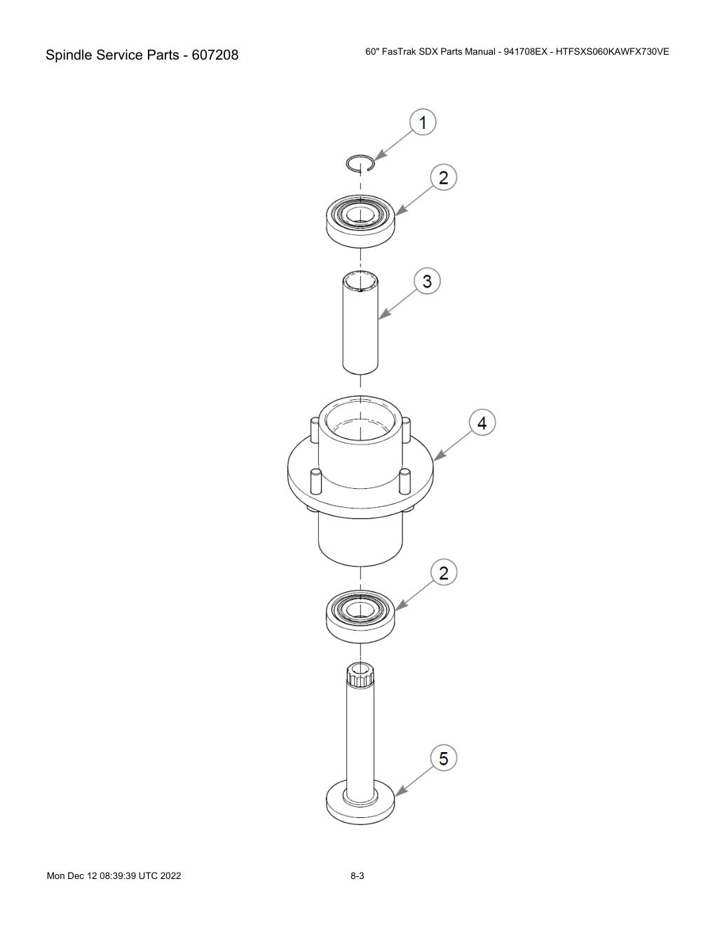 60" FasTrak SDX Parts Manual - 941708EX - HTFSXS060KAWFX730VE - Spindle Service Parts - 607208 diagram