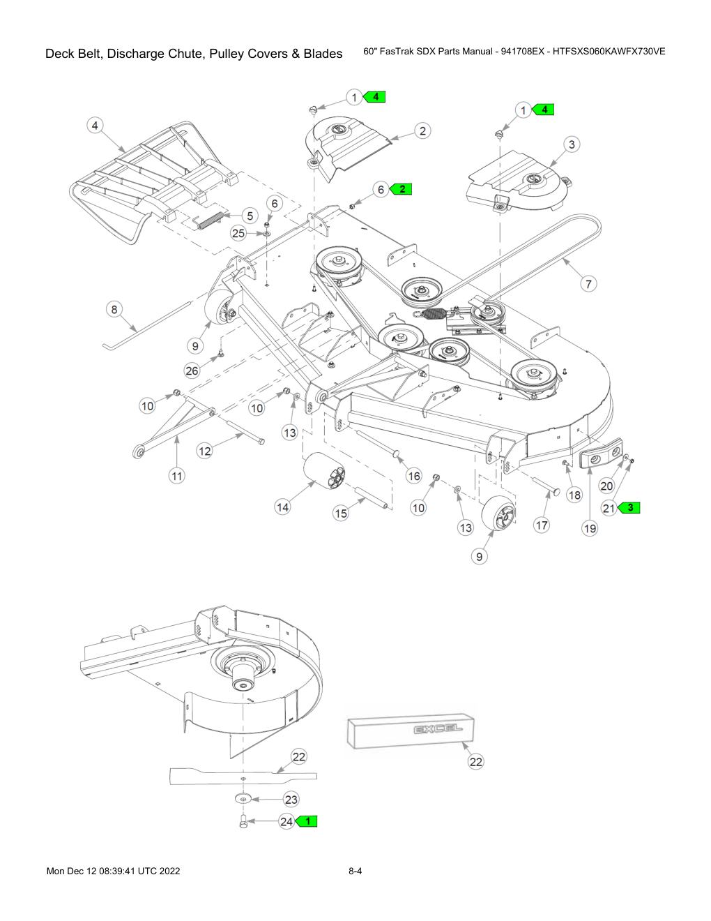 60" FasTrak SDX Parts Manual - 941708EX - HTFSXS060KAWFX730VE - Deck Belt, Discharge Chute, Pulley Covers & Blades diagram