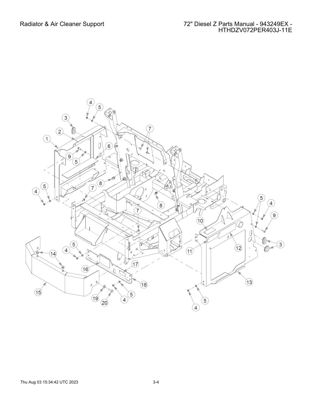 72" Diesel Z Parts Manual - 943249EX - HTHDZV072PER403J-11E - Radiator & Air Cleaner Support diagram
