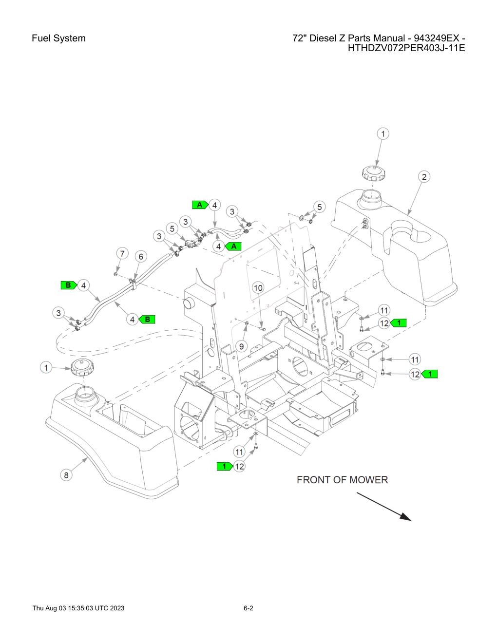 72" Diesel Z Parts Manual - 943249EX - HTHDZV072PER403J-11E - Fuel System diagram