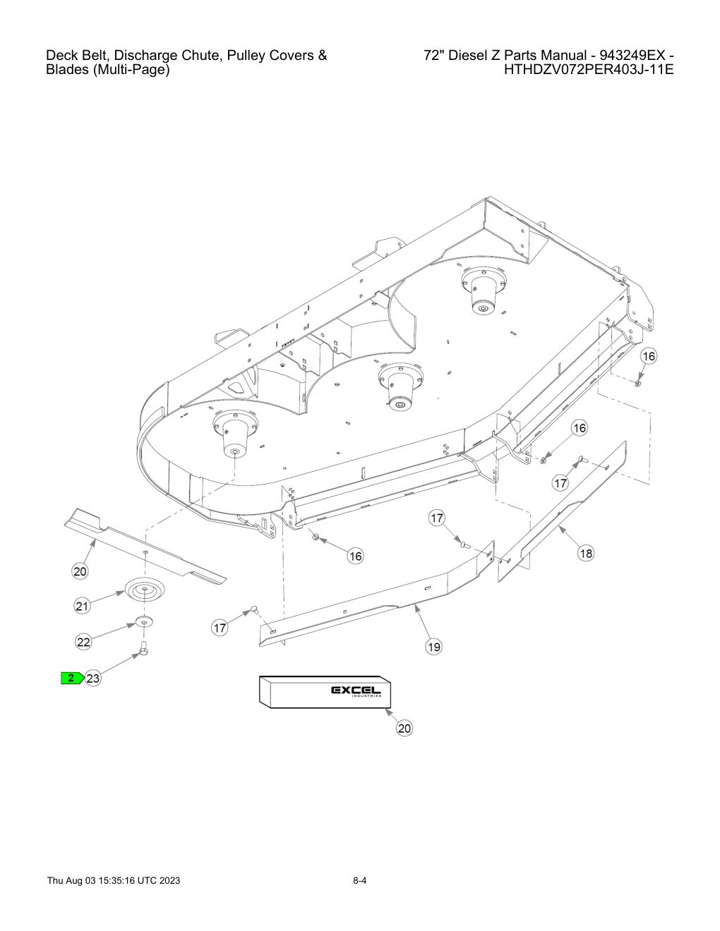 72" Diesel Z Parts Manual - 943249EX - HTHDZV072PER403J-11E - Deck Belt, Discharge Chute, Pulley Covers & diagram