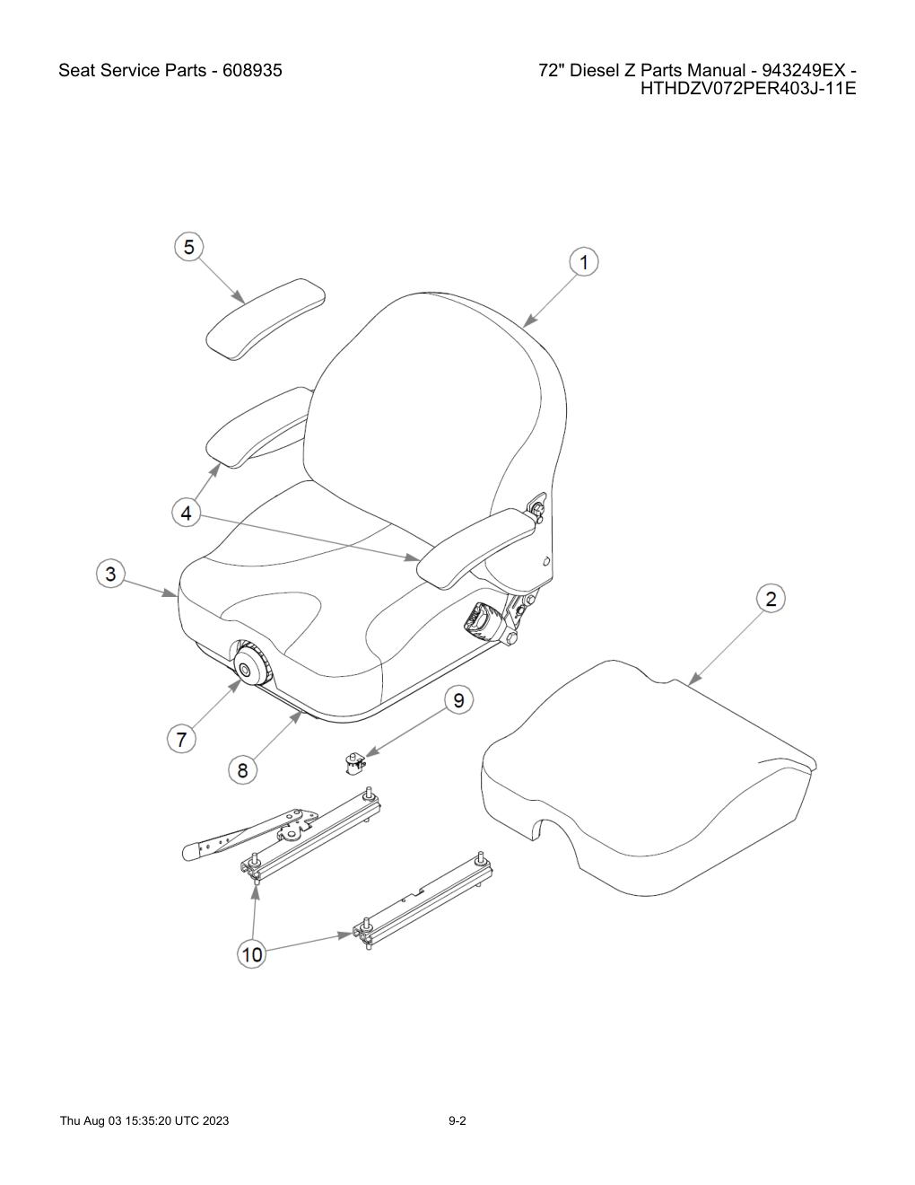 72" Diesel Z Parts Manual - 943249EX - HTHDZV072PER403J-11E - Seat Service Parts - 608935 diagram