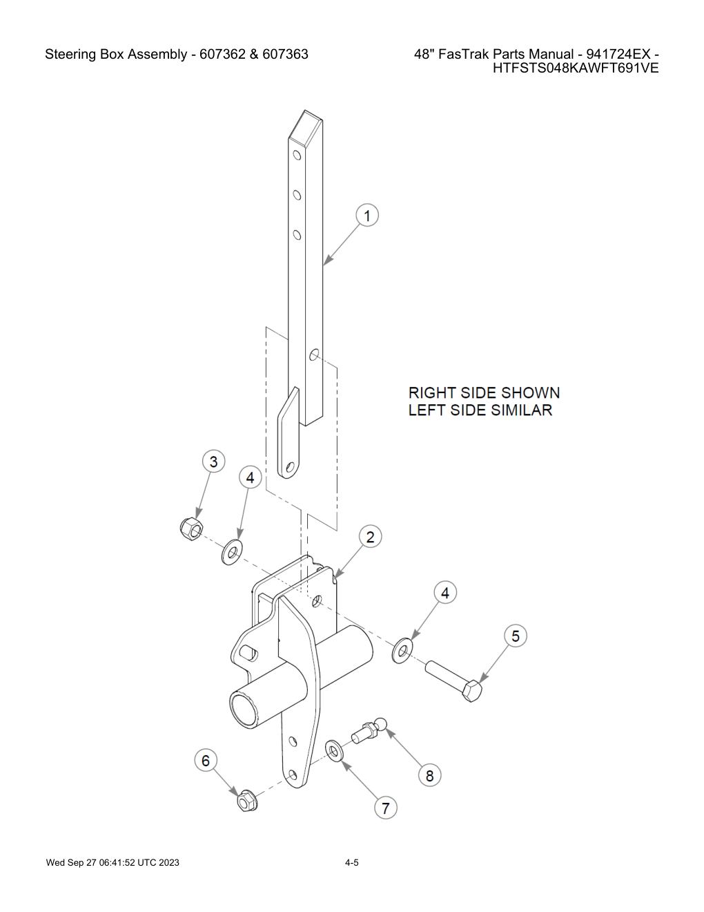 48" FasTrak Parts Manual - 941724EX - HTFSTS048KAWFT691VE - Steering Box Assembly - 607362 & 607363 diagram