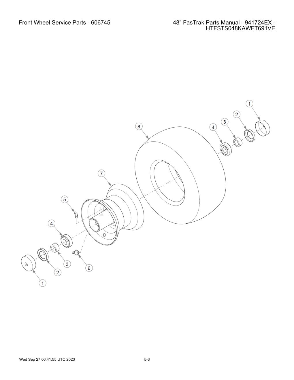 48" FasTrak Parts Manual - 941724EX - HTFSTS048KAWFT691VE - Front Wheel Service Parts - 606745 diagram