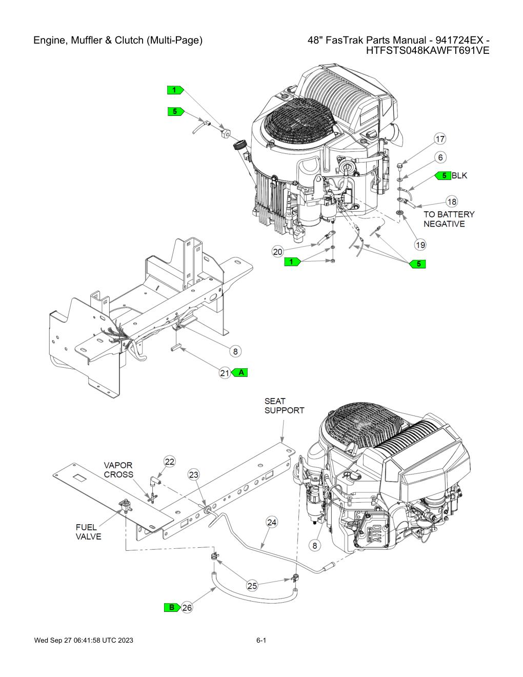 48" FasTrak Parts Manual - 941724EX - HTFSTS048KAWFT691VE - Engine, Muffler & Clutch (Multi-Page) diagram