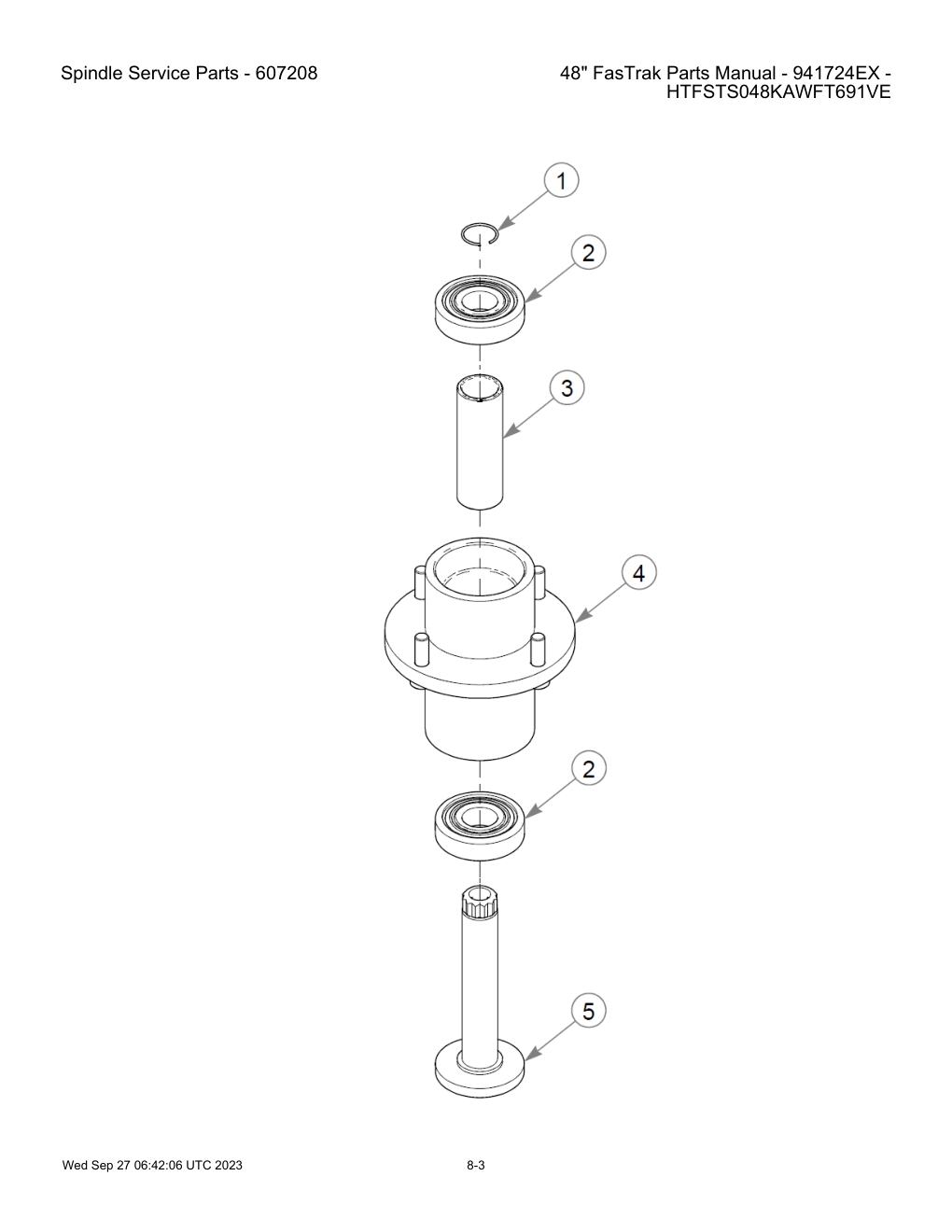 48" FasTrak Parts Manual - 941724EX - HTFSTS048KAWFT691VE - Spindle Service Parts - 607208 diagram