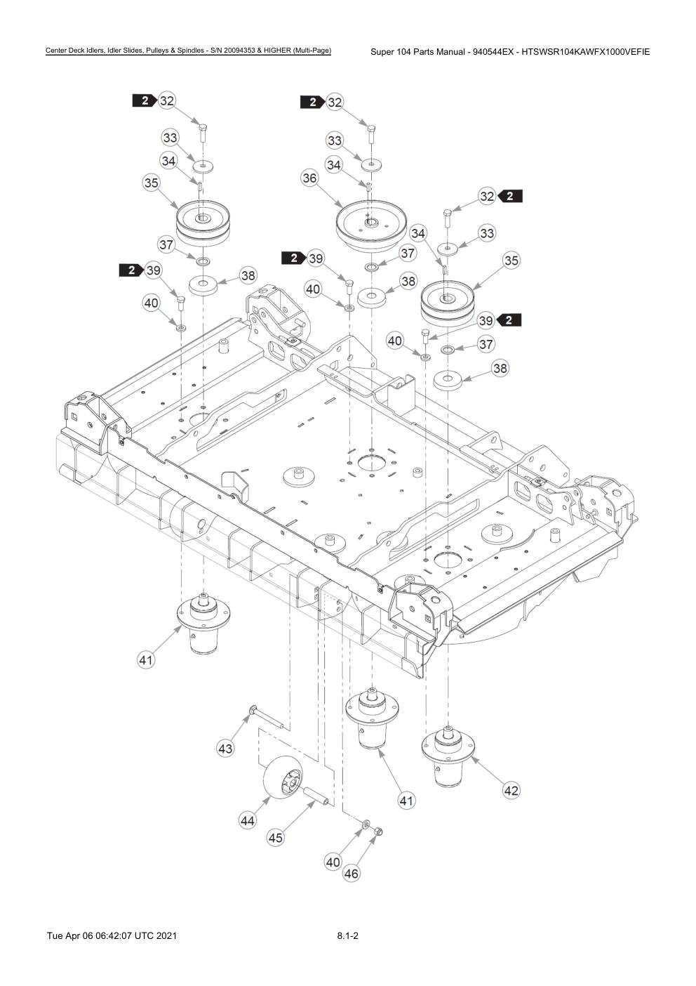 Super 104 Parts Manual - 940544EX - HTSWSR104KAWFX1000VEFIE - Center Deck Idlers, Idler Slides, Pulleys & Spindles - S/N 20094353 & HIGHER (Multi-Page) diagram